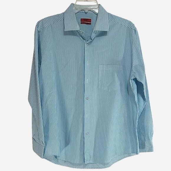 Alfani Fitted Blue and White Striped Button Up Shirt, XL (34/35) - Picture 1 of 4
